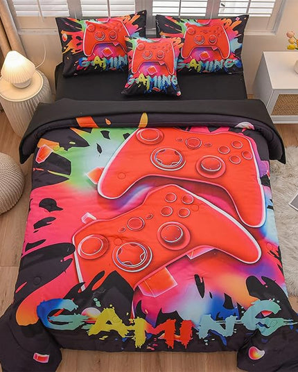 Aimuan Gamer Gaming Bedding Sets 3D Gamepad Comforter Sets for Boys Games Console Action Buttons Novelty Colorful Game Controller Modern Room Decor Home Quilt Set (Black, Twin 6PCS) - LeafyLoom
