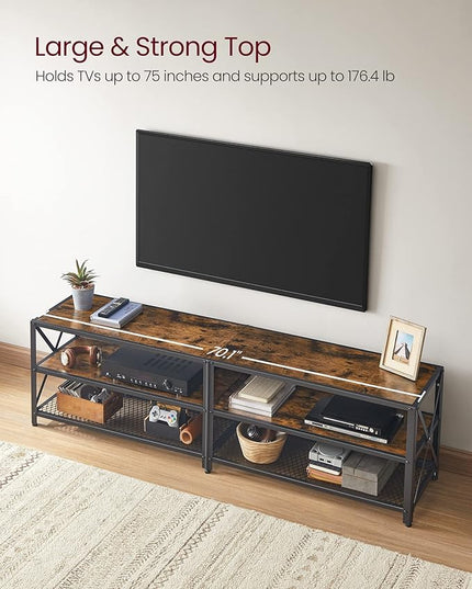 VASAGLE TV Stand, TV Console for TVs Up to 75 Inches, TV Table, 70.1 Inches Width, TV Cabinet with Storage Shelves, Steel Frame, for Living Room, Bedroom, Rustic Brown and Black ULTV096B01V1 - LeafyLoom