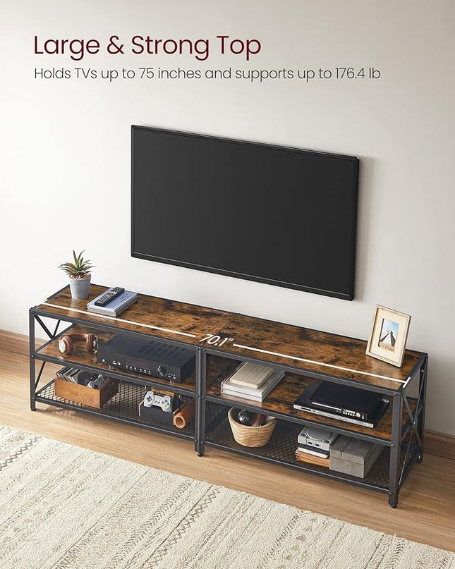 VASAGLE TV Stand, TV Console for TVs Up to 75 Inches, TV Table, 70.1 Inches Width, TV Cabinet with Storage Shelves, Steel Frame, for Living Room, Bedroom, Rustic Brown and Black ULTV096B01V1 - LeafyLoom