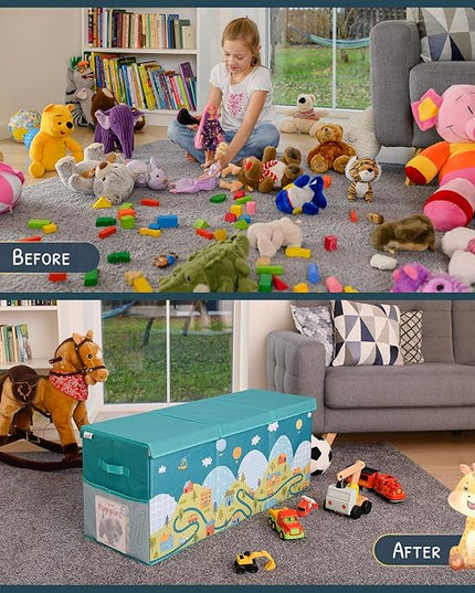 Extra Large Toy Storage Organizer with Lid - Sturdy, Collapsible Toy Chest Storage Box with Cute Design - Toys Bin with Dividers for Kids, Boys, Girls, Nursery, Bedroom, Play room 37"x16"x14" - LeafyLoom