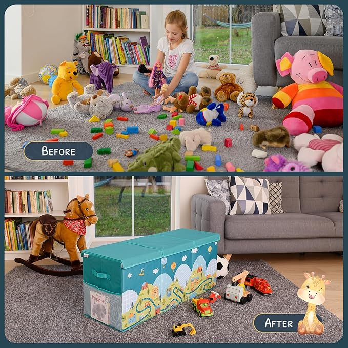 Extra Large Toy Storage Organizer with Lid - Sturdy, Collapsible Toy Chest Storage Box with Cute Design - Toys Bin with Dividers for Kids, Boys, Girls, Nursery, Bedroom, Play room 37"x16"x14" - LeafyLoom