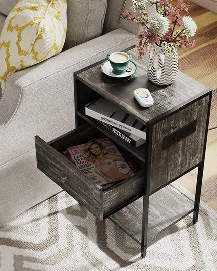 LDTTCUK Nightstand with Charging Station, Modern End Table with Drawer, Bedside Table with Open Storage for Bedroom, Retro Grey - LeafyLoom