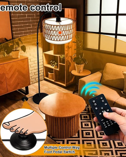 Arc Floor Lamp for Living Room with 3 Color Temperatures, Farmhouse Standing Lamps with Remote & Dimmable Bulb, Rattan Boho Floor Lamp with Fabric Shades, Adjustable Tall Lamp for Bedroom Office - LeafyLoom