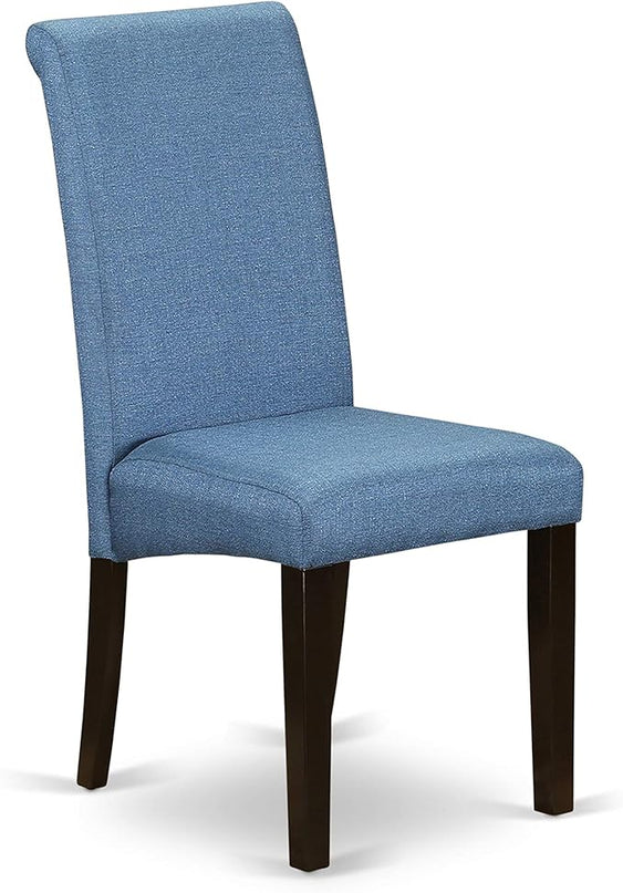 East West Furniture BOBA5-CAP-21 Boston 5 Piece Kitchen Set Includes a Round Dining Room Table and 4 Blue Color Linen Fabric Parsons Dinette Chairs, Cappuccino, 42x42 Inch - LeafyLoom