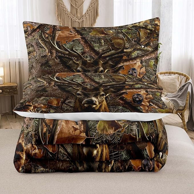 NINENINE Deer Bedding Sets Full Size for Boys Adult Teens Western Woodland Camo Comforter Moose Wildlife Forest Bedding,Bear Animals Hunting Bed Sets with 1 Comforter 2 Pillowcases - LeafyLoom