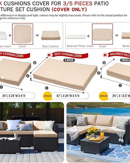 ClawsCover 6Pack Outdoor Seat and Back Cushions Replacement Covers Fit for 3 Pieces 3-Seater Wicker Rattan Patio Furniture Conversation Set Sectional Couch Chair,Light Khaki-Include Cover Only - LeafyLoom