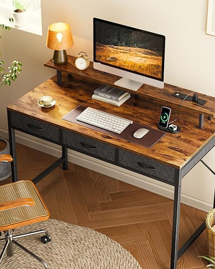 47 inch Computer Desk with 3 Drawers, Office Desk Gaming Desk with LED Lights & Power Outlets, Home Office Desks with Storage Space for Bedroom, Work from Home, Rustic Brown - LeafyLoom