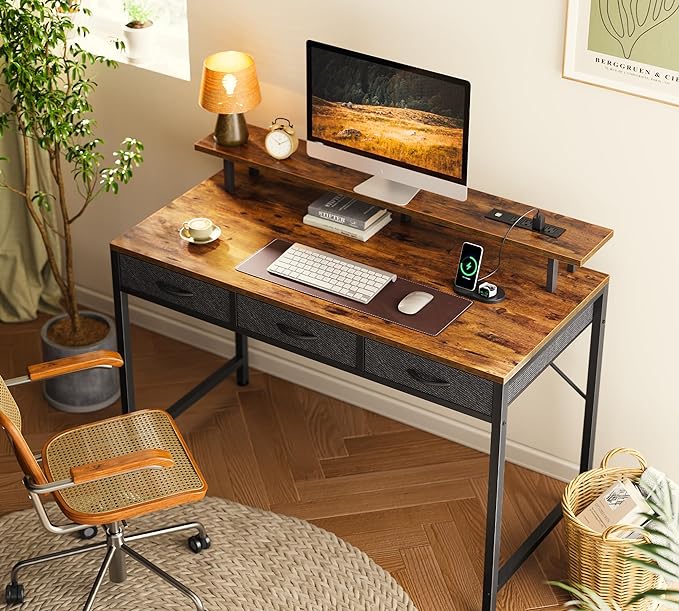 47 inch Computer Desk with 3 Drawers, Office Desk Gaming Desk with LED Lights & Power Outlets, Home Office Desks with Storage Space for Bedroom, Work from Home, Rustic Brown - LeafyLoom