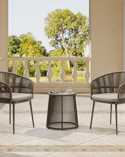 EAST OAK Breezeway Patio Furniture Set, 3-Piece Outside Bistro Set Handwoven Rattan Wicker Chairs with Waterproof Cushions, Tempered Glass Table, Outdoor Conversation Set for Porch, Coffee & Beige - LeafyLoom