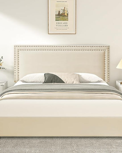 VECELO Queen Size Upholstered Platform Bed Frame with 4 Storage Drawers, Adjustable Velvet Rivets Headboard, Wooden Slats Support, No Box Spring Needed, Easy Assembly - LeafyLoom