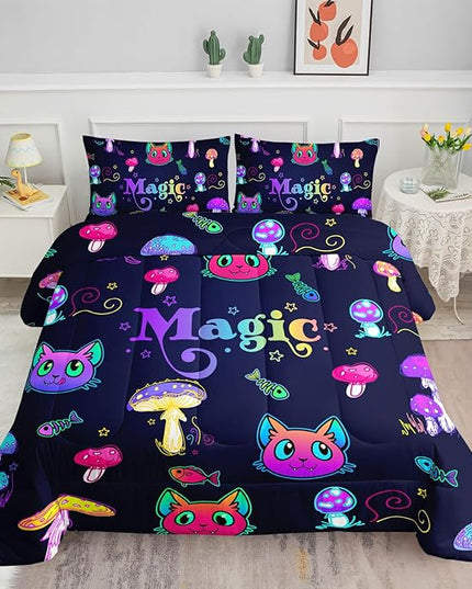 Datura home Mushroom Cat Kids Comforter Bedding Set for Boys Girls, Cartoon Mixed Color Mushroom and Cute Cat Fishbone Pattern Comforter with 2 Pillowcases(Mushroom Cat Full) - LeafyLoom