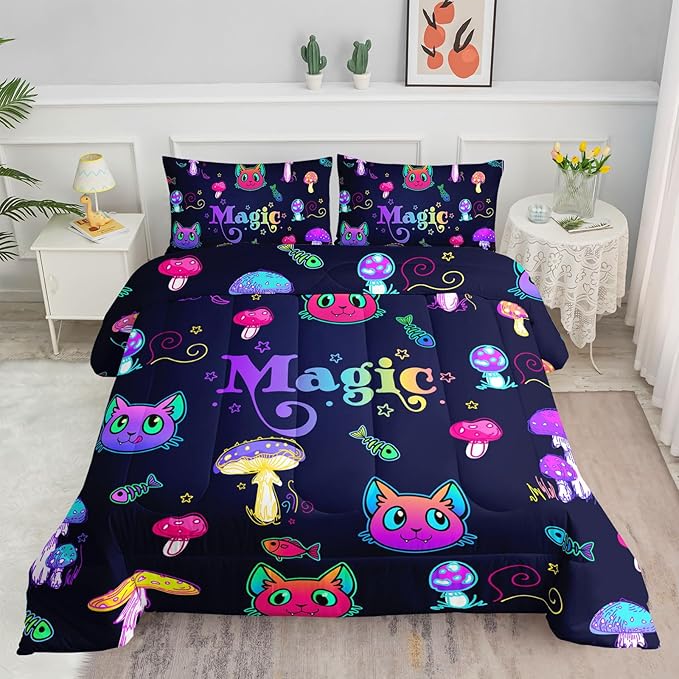 Datura home Mushroom Cat Kids Comforter Bedding Set for Boys Girls, Cartoon Mixed Color Mushroom and Cute Cat Fishbone Pattern Comforter with 2 Pillowcases(Mushroom Cat Queen) - LeafyLoom