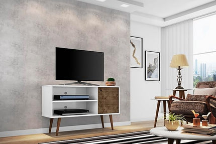 Manhattan Comfort Liberty Mid Century Modern TV Stand for Televisions up to 46 Inches, Bedroom and Living Room Entertainment Center with Storage, Shelves, and Cabinet, 43" Wide, White/Rustic Brown - LeafyLoom