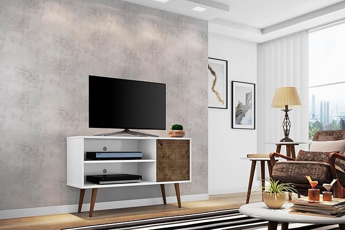 Manhattan Comfort Liberty Mid Century Modern TV Stand for Televisions up to 46 Inches, Bedroom and Living Room Entertainment Center with Storage, Shelves, and Cabinet, 43" Wide, White/Rustic Brown - LeafyLoom