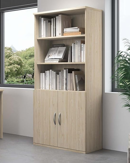 Bush Business Furniture Studio C Tall 5 Shelf Bookcase in Natural Elm, Large Bookshelf for Home or Professional Office - LeafyLoom