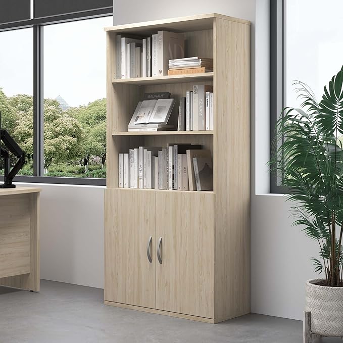 Bush Business Furniture Studio C Tall 5 Shelf Bookcase in Natural Elm, Large Bookshelf for Home or Professional Office - LeafyLoom