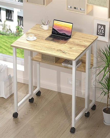 GreenForest Folding Desk Small Rolling Desk with Storage Shelf,31.5 inch Foldable Computer Desk with Wheels for Small Space,Easy Assembly,Oak - LeafyLoom