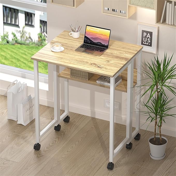 GreenForest Folding Desk Small Rolling Desk with Storage Shelf,31.5 inch Foldable Computer Desk with Wheels for Small Space,Easy Assembly,Oak - LeafyLoom