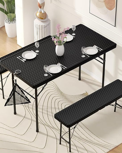 VECELO Dining Table Set for 4, Faux Rattan Card Folding Dinette for Small Space with 2 Benches, Kitchen/Breakfast Nook/Living Room, No Assembly, 3 Piece, Black - LeafyLoom
