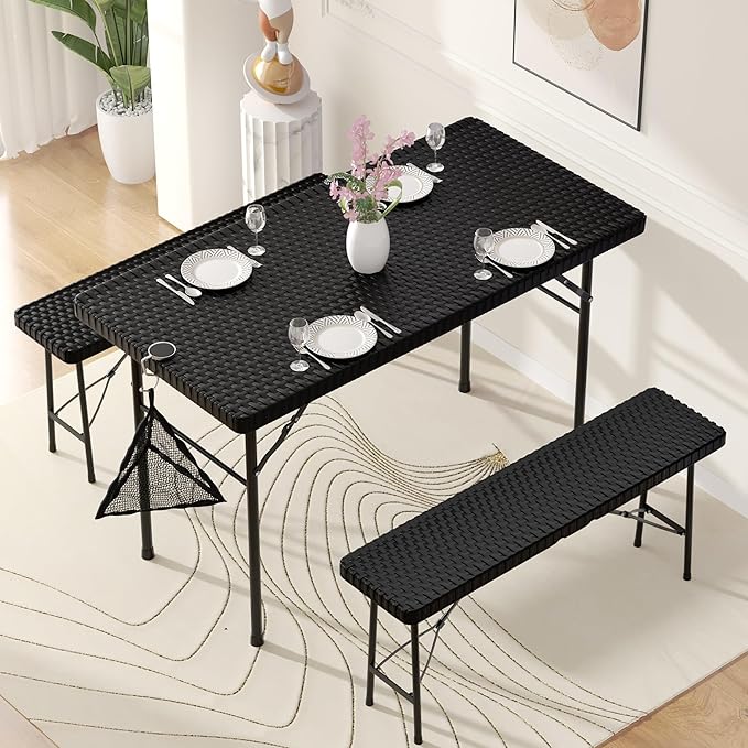 VECELO Dining Table Set for 4, Faux Rattan Card Folding Dinette for Small Space with 2 Benches, Kitchen/Breakfast Nook/Living Room, No Assembly, 3 Piece, Black - LeafyLoom