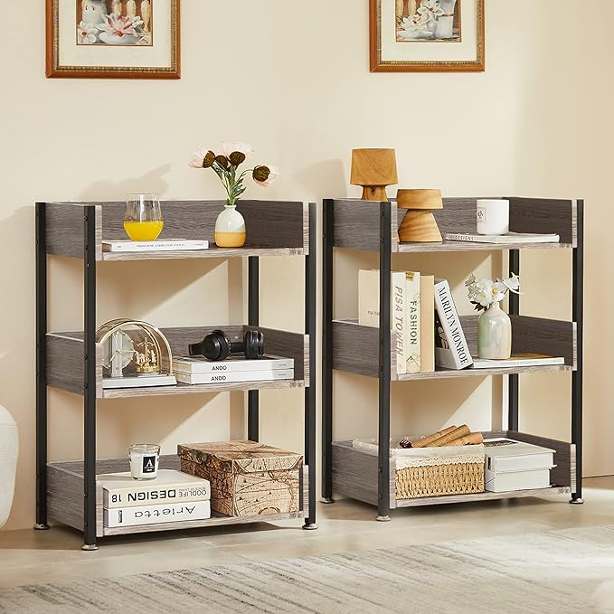 VECELO Bookshelf,Small Bookcase,3-Tier Storage Organizer,Industrial Shelving Unit for Living Room,Classroom,Office,Dormitory,Set of 2,Brown - LeafyLoom