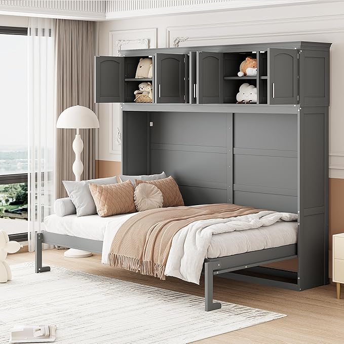 Merax Modern Farmhouse Solid Wood Murphy Cabinet Bed with Top Cabinets, Tall Wall Platform Bed No Box Spring Needed/Easy Assemble Queen,Gray - LeafyLoom