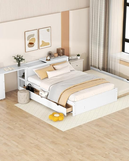 Wood Full Size Platform Bed with Headboard W/Build-in Rolling Desk, Full Bed Frame with Trundle Bed and Storage Drawers for Teens Kids Adults, No Box Spring Needed, White - LeafyLoom