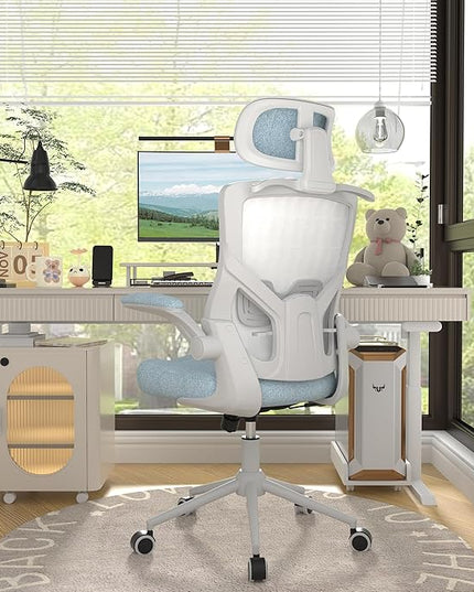 Ergonomic Office Chair, High Back Mesh Desk Chair with Thick Molded Foam Cushion, Coat Hanger, Adjustable Headrest, Lumbar Support, Tilt & Lock Function-Task Chair (Carolina Blue) - LeafyLoom