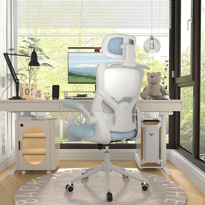 Ergonomic Office Chair, High Back Mesh Desk Chair with Thick Molded Foam Cushion, Coat Hanger, Adjustable Headrest, Lumbar Support, Tilt & Lock Function-Task Chair (Carolina Blue) - LeafyLoom