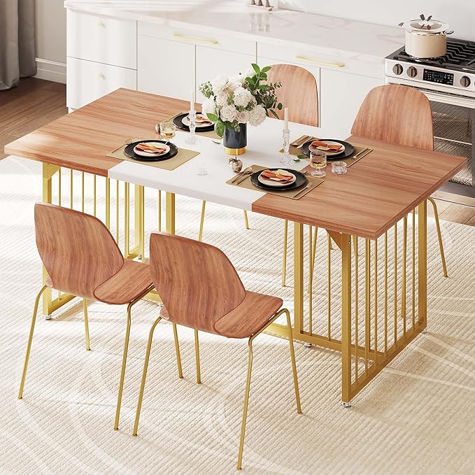 DWVO 70.8" Large Kitchen Dining Table for 6-8 People, Modern Rectangular Wood Dinner Table, Rustic Kitchen Table with Heavy Duty Metal Gold Legs for Dining Room - LeafyLoom