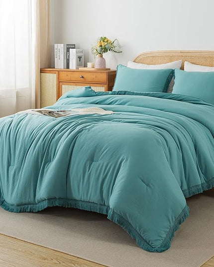 Andency Aqua Tassel Comforter Set Queen(90x90Inch), 3 Pieces(1 boho Comforter, 2 Pillowcases) Farmhouse Shabby Chic Comforter Set, Soft Microfiber Lightweight Fringe Bedding Comforter Set - LeafyLoom