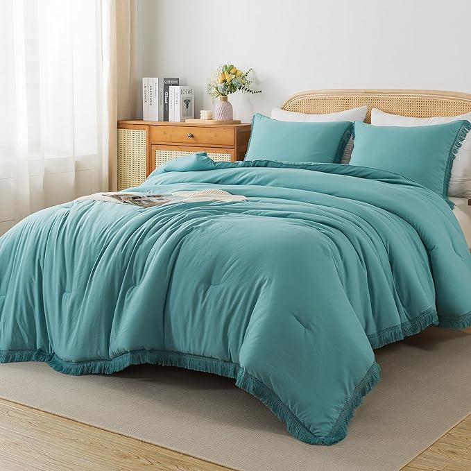 Andency Aqua Tassel Comforter Set Queen(90x90Inch), 3 Pieces(1 boho Comforter, 2 Pillowcases) Farmhouse Shabby Chic Comforter Set, Soft Microfiber Lightweight Fringe Bedding Comforter Set - LeafyLoom