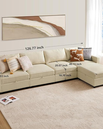 Sweetcrispy Convertible Sectional Sofa Couch, 5 Seat Sofa Set with Storage for Living Room, L-Shaped Modern Modular Sofa Sleeper with Ottoman, Comfy Sofa Couch with Extra Deep Seats, Beige - LeafyLoom