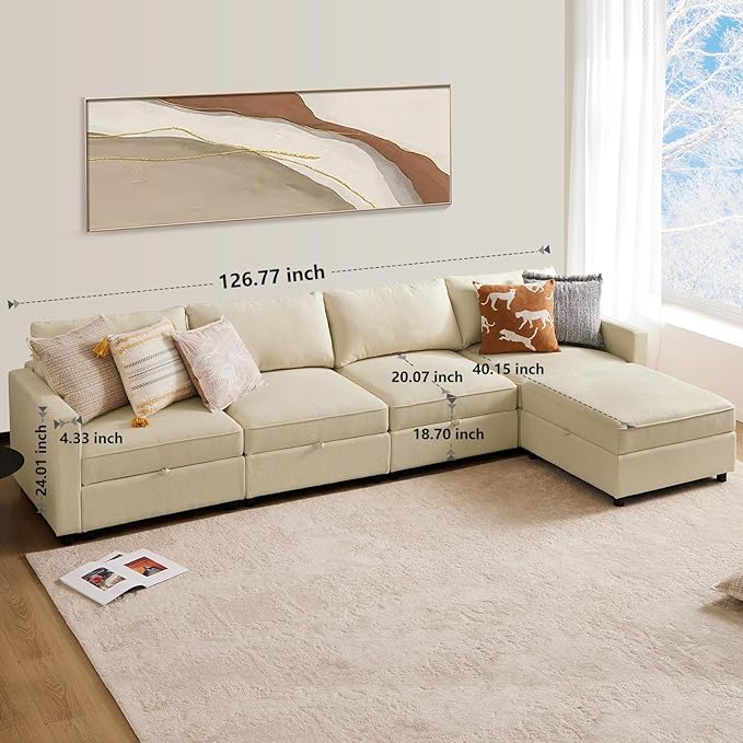 Sweetcrispy Convertible Sectional Sofa Couch, 5 Seat Sofa Set with Storage for Living Room, L-Shaped Modern Modular Sofa Sleeper with Ottoman, Comfy Sofa Couch with Extra Deep Seats, Beige - LeafyLoom