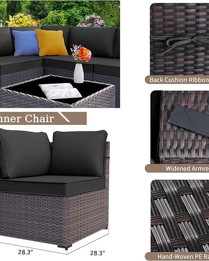 Patio Furniture Set Sofa 6-Pieces Wicker Sectional Sofa Set, Outdoor Furniture Rattan Patio Conversation Set with Thickened Cushion and Glass Coffee Table, Black - LeafyLoom