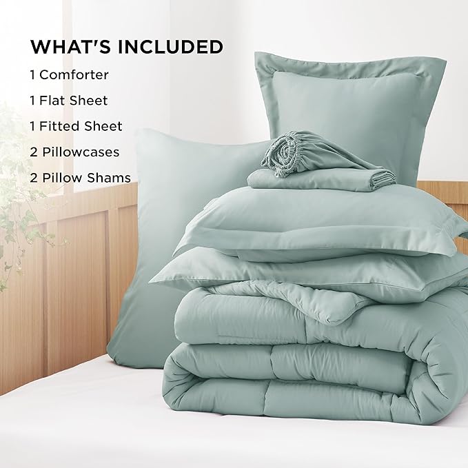 Bedsure Sage Green King Size Comforter Set - 7 Pieces Solid King Bed in a Bag, King Bed Set Sage Green with Quilted Warm Fluffy Comforters, Sheets, Pillowcases & Shams - LeafyLoom