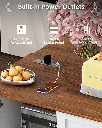 54.5" Farmhouse Island with Power Outlet & Drop Leaf, Rolling Kitchen Cart on Wheels w/Internal Storage, Spice, Towel Rack and Drawers, for Home, Dining Room, White, 54.5 Inch - LeafyLoom