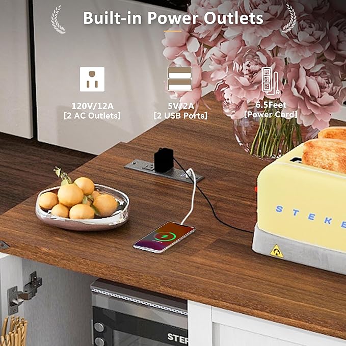 54.5" Farmhouse Island with Power Outlet & Drop Leaf, Rolling Kitchen Cart on Wheels w/Internal Storage, Spice, Towel Rack and Drawers, for Home, Dining Room, White, 54.5 Inch - LeafyLoom
