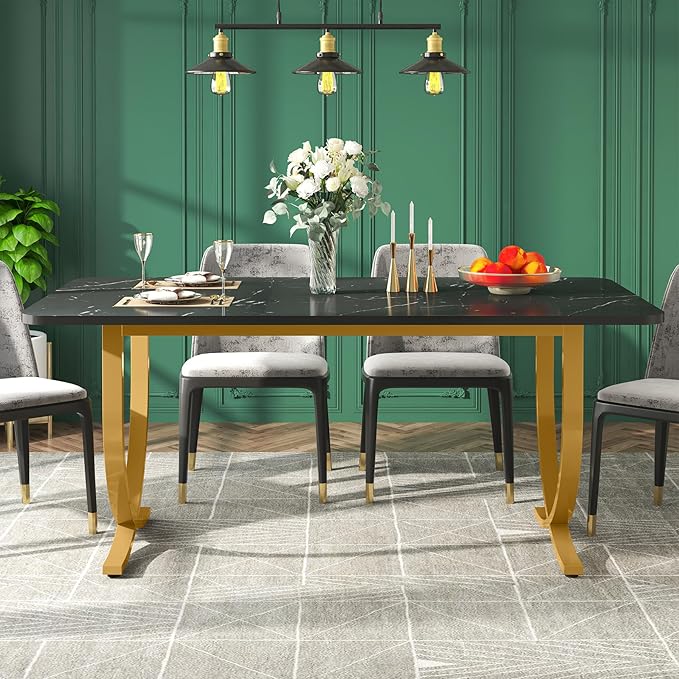 Dining Room Table, Kitchen Table with Faux Marble Table Top and Gold Metal Legs - LeafyLoom