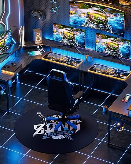 ODK L Shaped Gaming Desk with LED Lights & Power Outlets, 51" Computer Desk with Full Monitor Stand, Corner Desk with Cup Holder, Gaming Table with Hooks, Black Carbon Fiber - LeafyLoom