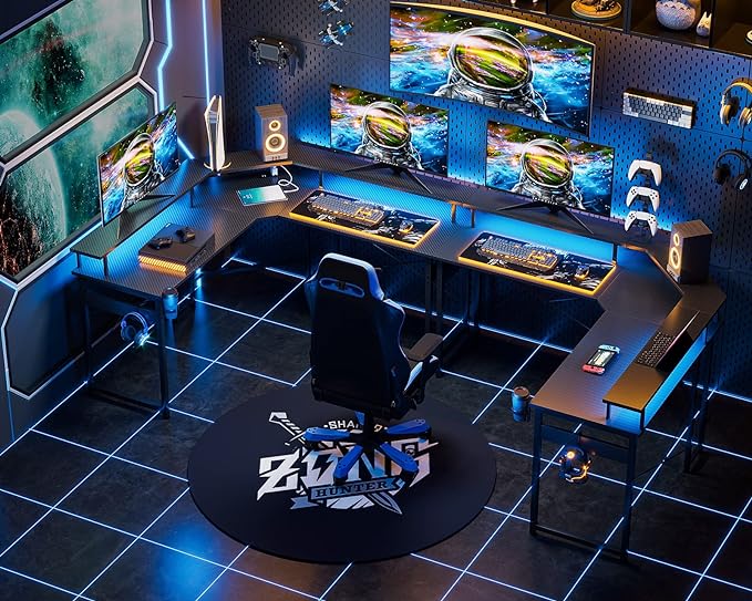 ODK L Shaped Gaming Desk with LED Lights & Power Outlets, 51" Computer Desk with Full Monitor Stand, Corner Desk with Cup Holder, Gaming Table with Hooks, Black Carbon Fiber - LeafyLoom