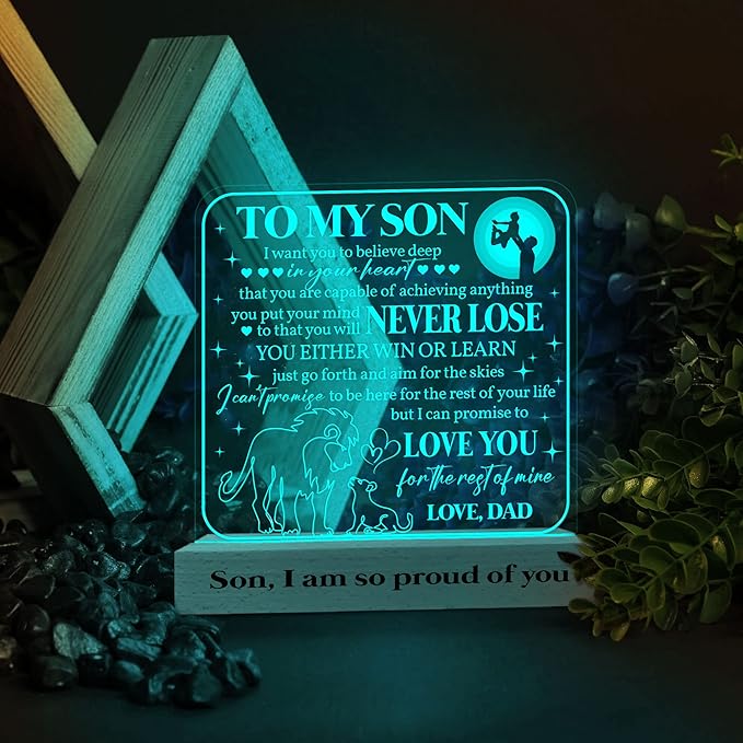 ARTSYWIX Gift for Son from Dad Father, to my Son 3D Illusion Lamp Wooden Base USB Powered Acrylic Night Light, Son Grandson Bonus Son Boy Lamp Present, Gift for Graduation Keepsake Birthday - LeafyLoom