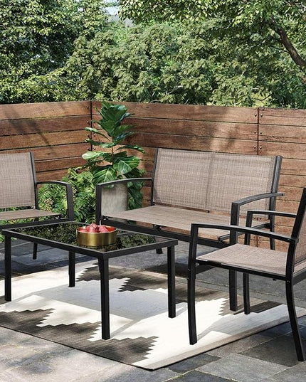 Greesum 4 Pieces Patio Furniture Set, Outdoor Conversation Sets for Patio, Lawn, Garden, Poolside with A Glass Coffee Table, Brown - LeafyLoom
