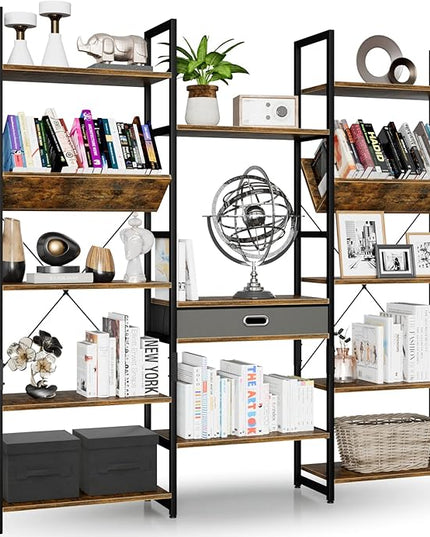 NUMENN Triple Wide 5 Tier Bookshelf, Adjustable Rustic Industrial Style Book Shelves, Modern Bookcases and Bookshelves Furniture for Bedroom, Living Room and Home Office, Vintage Brown - LeafyLoom