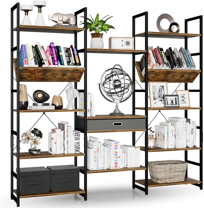 NUMENN Triple Wide 5 Tier Bookshelf, Adjustable Rustic Industrial Style Book Shelves, Modern Bookcases and Bookshelves Furniture for Bedroom, Living Room and Home Office, Vintage Brown - LeafyLoom