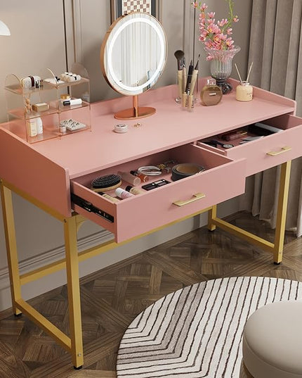 WESTREE Computer Gaming Desk Office - Study Writing Desk with Drawer for Teen, Bedroom Makeup Desk Home Office with Storage Shelf, Height Monitor Stand, Pink - LeafyLoom