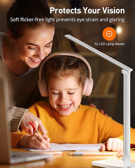 LED Desk Lamp, Desk Lamp with Wireless Charger, Dimmable Eye-Caring Table Lamps with Night Light, USB Charging Port, 4 Color Modes, 4 Brightness Levels, Memory Function, Desk Light for Home Office - LeafyLoom