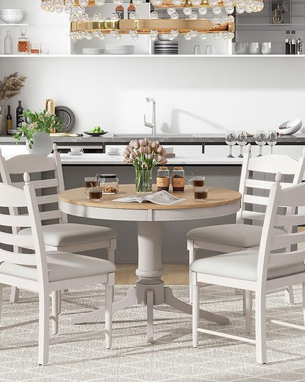 NicBex Round Dining Table Kitchen & Dining Room Tables 5-Piece Retro Functional Dining Table Set Wood Round Extendable Dining Table and 4 Upholstered Dining Chairs, Off White - LeafyLoom
