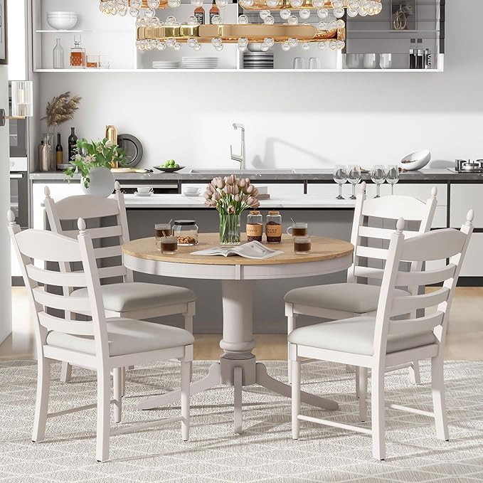 NicBex Round Dining Table Kitchen & Dining Room Tables 5-Piece Retro Functional Dining Table Set Wood Round Extendable Dining Table and 4 Upholstered Dining Chairs, Off White - LeafyLoom