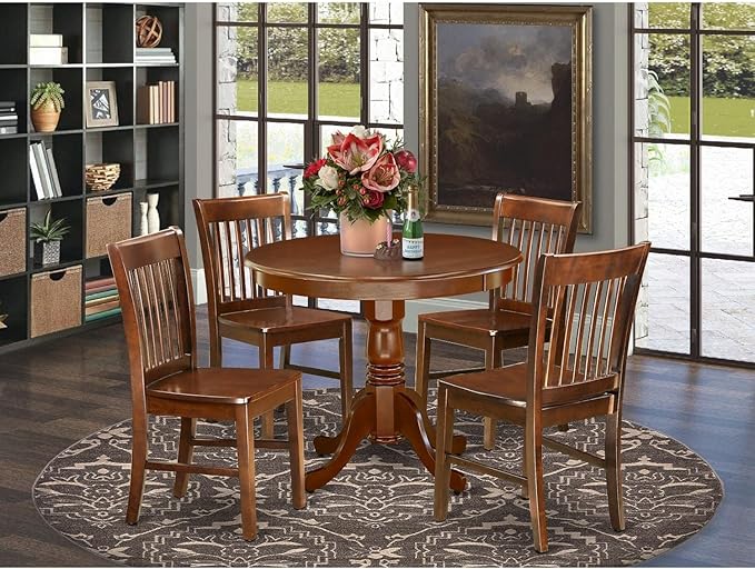 East West Furniture Antique 5 Piece Set Includes a Round Dining Room Table with Pedestal and 4 Wood Seat Chairs, 36x36 Inch, Mahogany - LeafyLoom